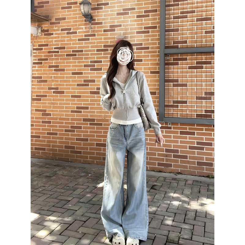 灰色连帽短款卫衣外套女秋冬季