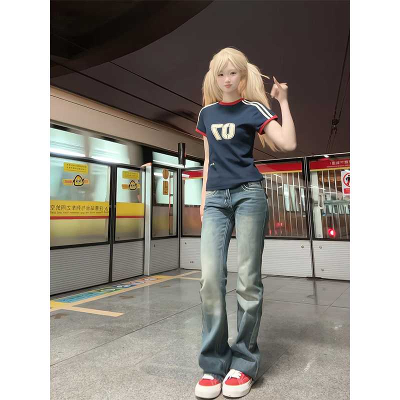 美式复古正肩撞色运动短袖t恤女夏辣妹短款修身显瘦条纹拼接上衣