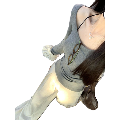 U领抽褶收腰正肩长袖t恤女春秋冬