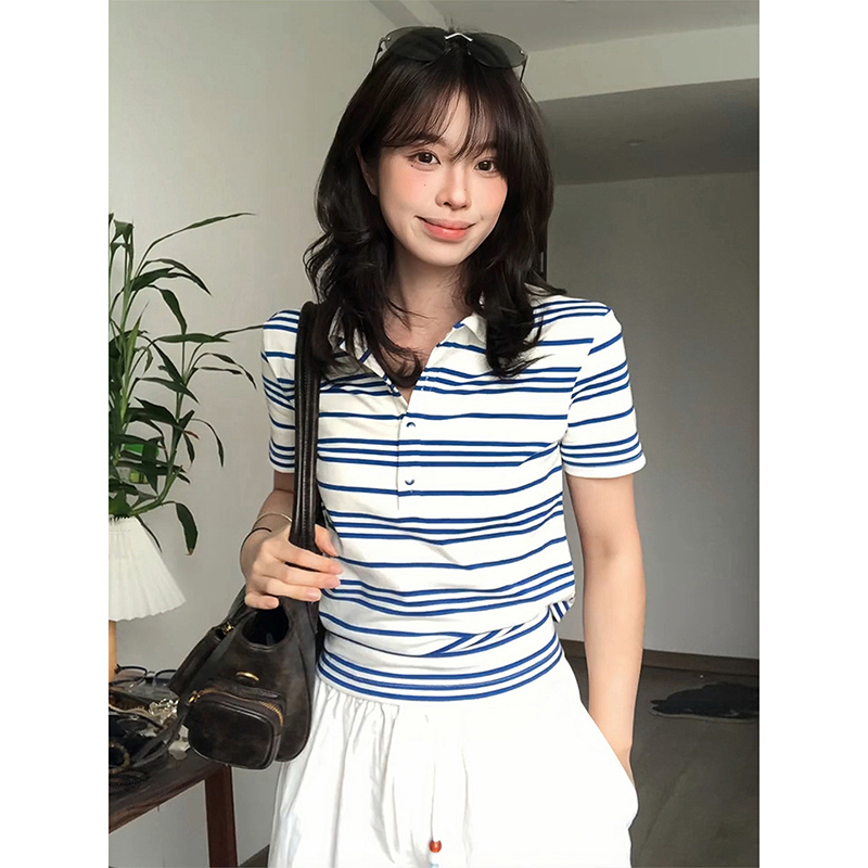美式高级感正肩polo衫t恤女夏季