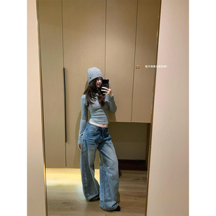 设计感显瘦宽松直筒阔腿裤 女秋冬2025新款 高街折痕做旧牛仔裤 美式