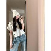 圆领刺绣宽松T恤女春夏季 2026新款 美式 短款 短袖 正肩白色辣妹上衣