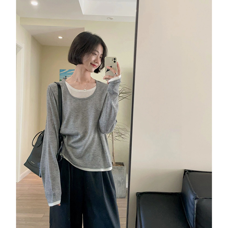 设计感假两件长袖t恤女春秋宽松