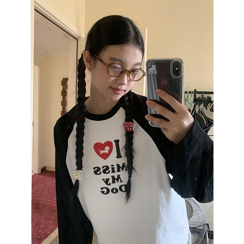 美式爱心小狗撞色插肩长袖t恤女