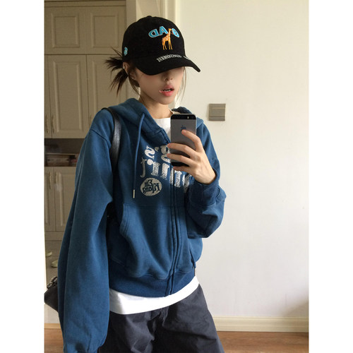美式复古字母水洗做旧连帽卫衣女