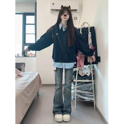 美式复古刺绣学院风假两件卫衣女