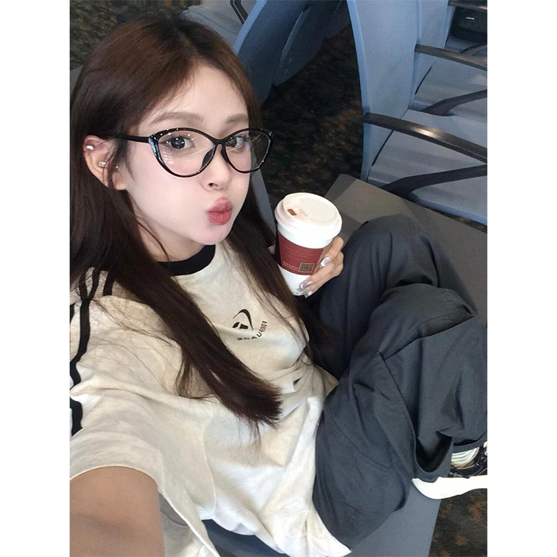 美式复古宽松撞色拼接短袖t恤女