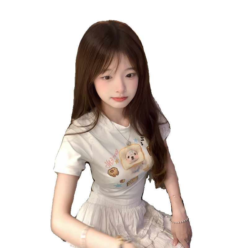 可爱小狗白色短袖正肩t恤女夏季2025新款修身显瘦小个子短款上衣