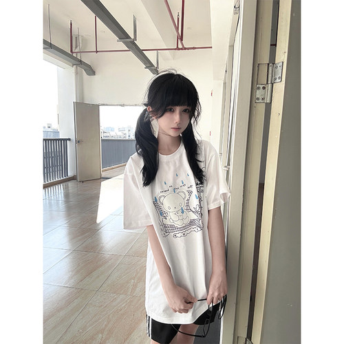 少女感小熊印花纯棉白色短袖t恤