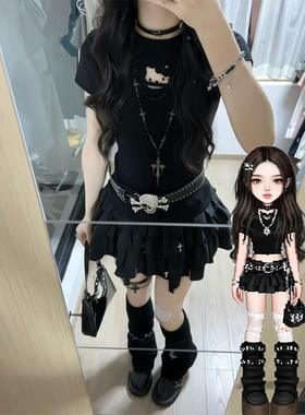 甜酷镂空kitty猫正肩黑色短袖t恤女夏季收腰修身显瘦圆领半袖上衣