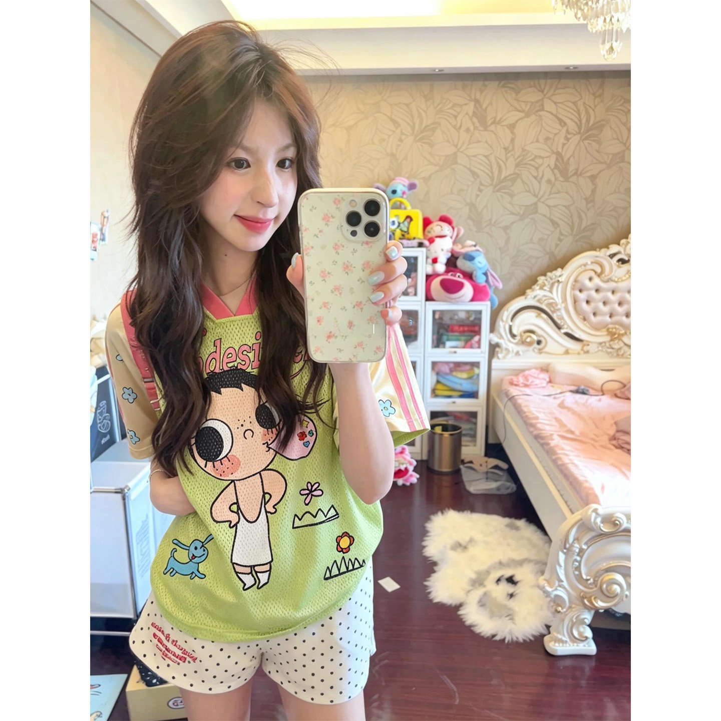 可爱卡通潮牌印花运动V领短袖t恤女夏季网眼休闲宽松速干球服上衣
