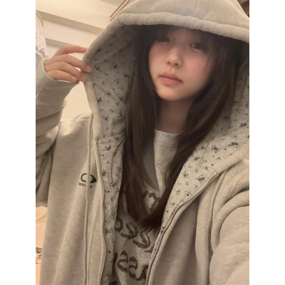 甜妹碎花灰色加绒加厚卫衣女秋冬