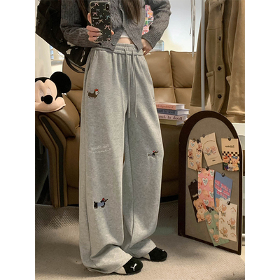 可爱腊肠小狗刺绣阔腿裤子女秋冬