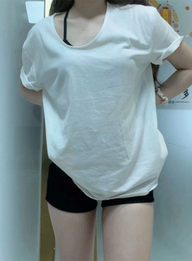 正肩U领纯棉白色短袖t恤女2024夏新款休闲宽松显瘦设计感打底上衣