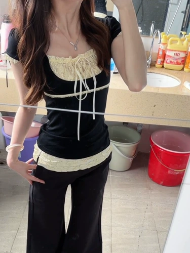 Комплект, летняя приталенная кружевная короткая футболка с коротким рукавом, цветочный принт