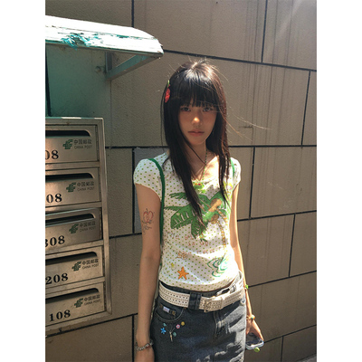 美式甜辣妹绿色波点短袖t恤女夏