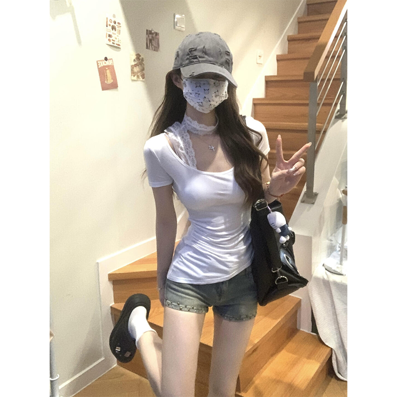 纯欲挂脖蕾丝设计感白色短袖t恤