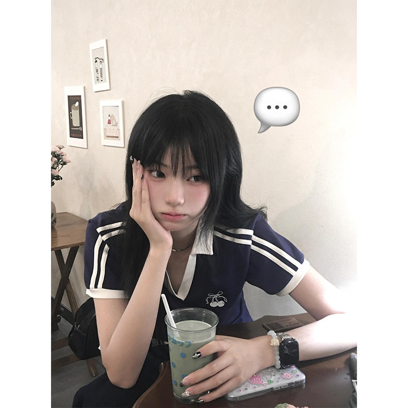 韩系学院风polo衫正肩短袖t恤女夏季樱桃刺绣设计感修身显瘦上衣