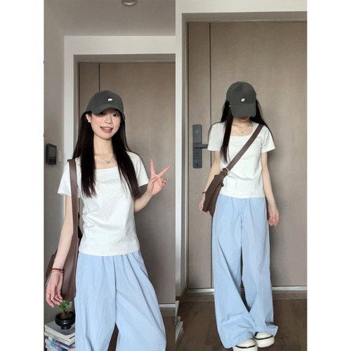 韩系正肩短袖t恤女夏季修身百搭
