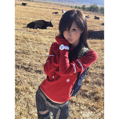 美式辣妹红色长袖t恤女秋季2024