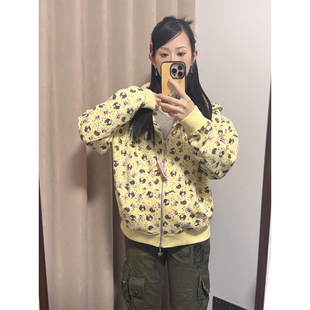 奶黄色童趣可爱印花连帽卫衣女冬季宽松慵懒风高级感加绒加厚外套