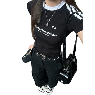 美式复古织带撞色印花短袖t恤女夏季修身显瘦设计感正肩辣妹上衣