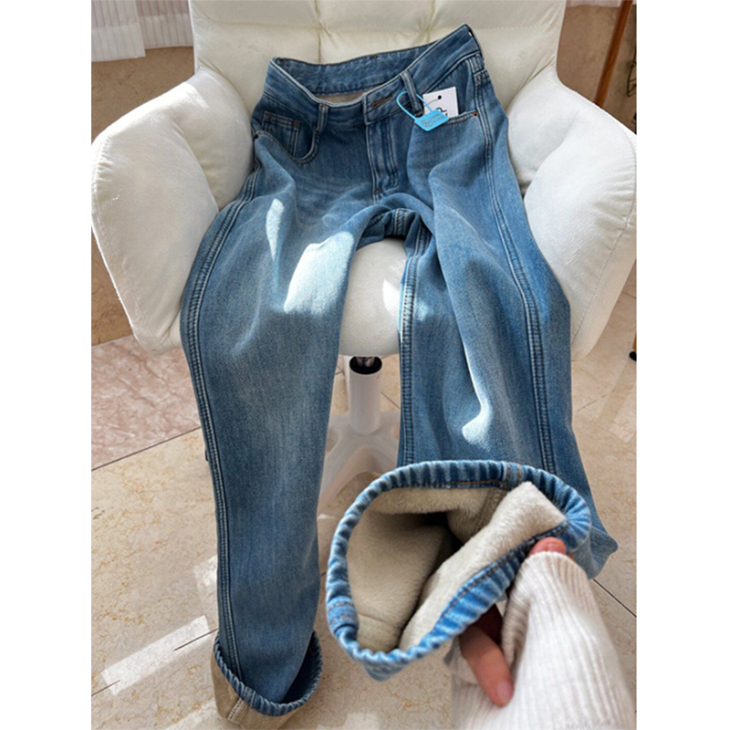 加绒加厚窄版牛仔裤女秋冬季2024