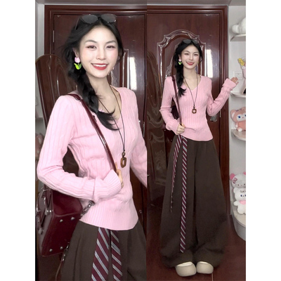 粉色v领长袖针织衫毛衣女早秋季