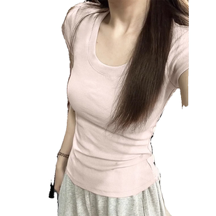 纯棉粉色正肩U领短袖t恤女夏设计感小众别致修身显瘦甜辣短款上衣