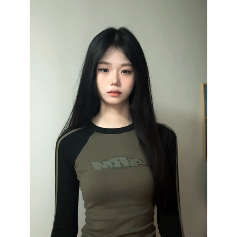 美式复古辣妹插肩t恤打底衫女秋