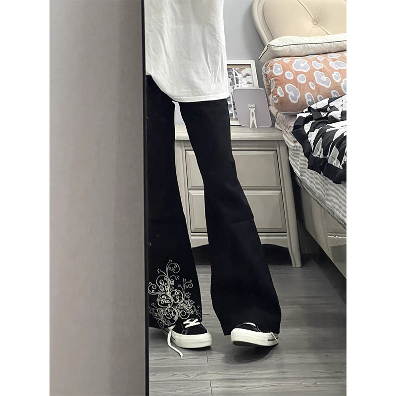 美式高街刺绣黑色牛仔裤女夏季图片