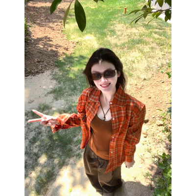 美式复古橙色格子衬衫开衫上衣女