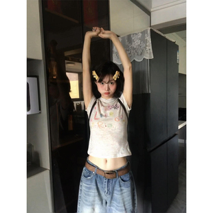 短款 美式 圆领正肩修身 辣妹涂鸦印花设计感短袖 上衣 t恤女2025夏季