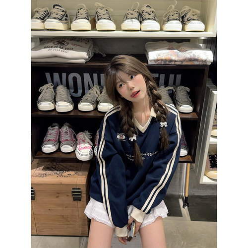 美式POLO领撞色条纹卫衣春秋新款