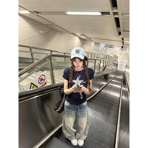 美式复古星星豹纹正肩短袖t恤女