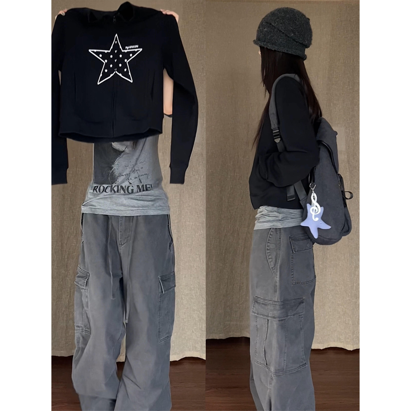 美式复古星星印花立领开衫卫衣女秋季新款甜酷风休闲基础夹克外套