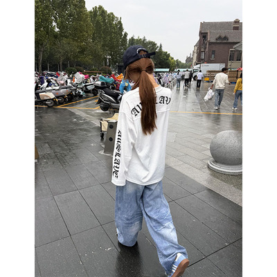 梵文印花贴布绣球衣长袖t恤女秋