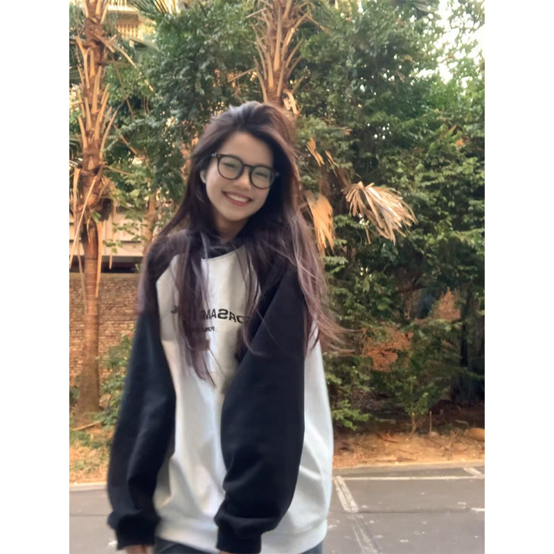 美式复古拼接小个子圆领卫衣女冬