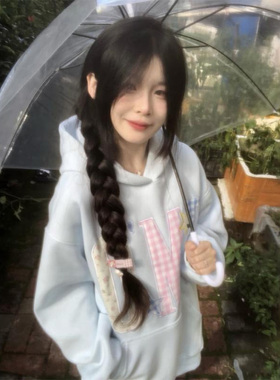 国潮牌美式甜妹奶蓝色刺绣连帽卫衣女oversize秋冬小个子休闲外套