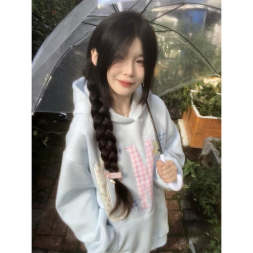 国潮牌美式甜妹奶蓝色连帽卫衣女