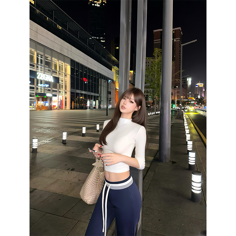 美式辣妹白色半高领t恤女早秋冬