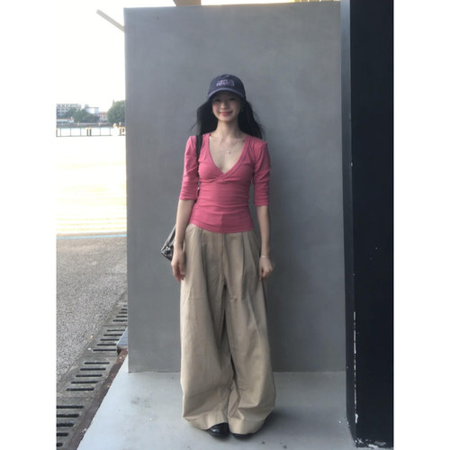 交叉深V领低胸长袖t恤女2026早秋