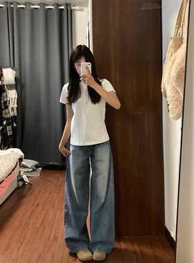 美式正肩白色纯棉t恤女短袖2026新款夏季小个子修身显瘦短款上衣