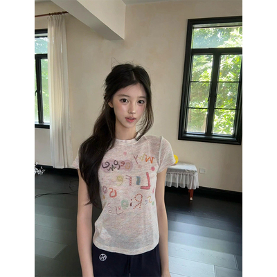 甜美风手绘涂鸦花纱短袖t恤女夏