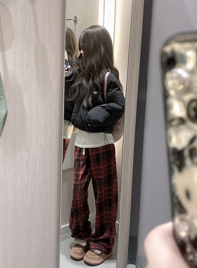 红色复古小个子格子裤子女秋冬宽松直筒休闲高腰加绒阔腿运动卫裤