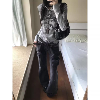 复古华夫格亨利领长袖t恤女秋季