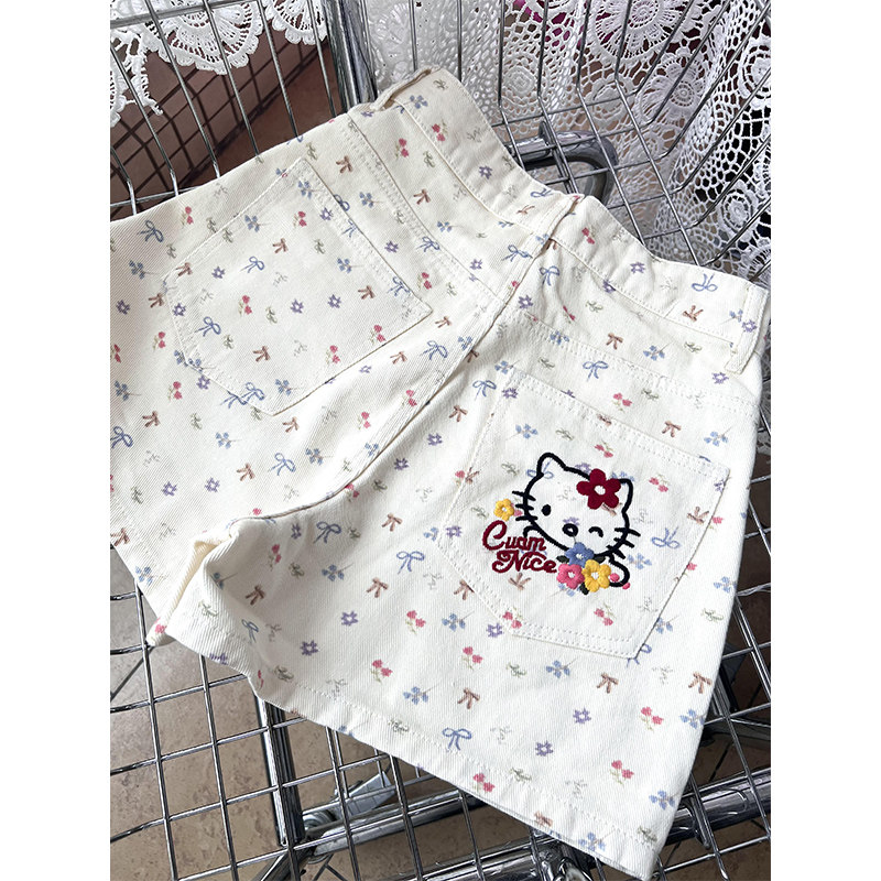 蝴蝶结可爱kitty猫咪牛仔短裤女2025夏新款高腰显瘦直筒阔腿热裤