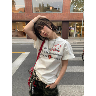 宽松设计感小众上衣 美式 白色刺绣字母印花短袖 t恤女2024夏季 新款