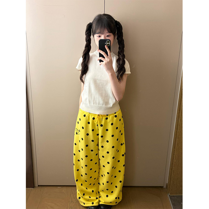 美式复古黄色波点满印卫裤女2026春季新款宽松运动休闲直筒阔腿裤