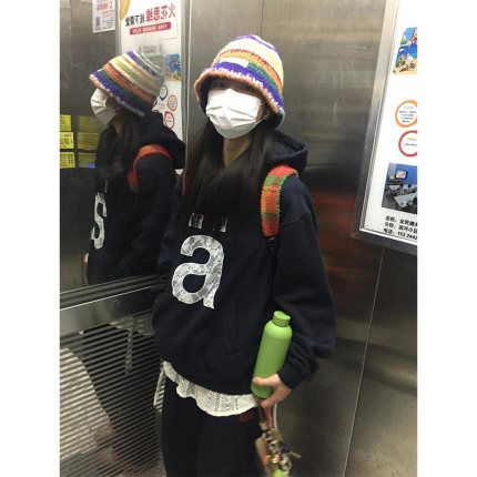 美式高街oversize连帽A字母卫衣女秋冬加绒加厚潮牌宽松情侣外套